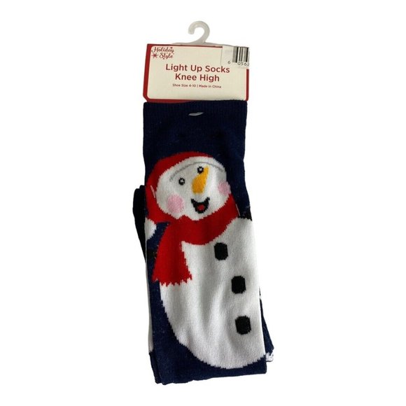 Holiday Style Knee Socks Womens 4-10 Shoe Size Blue Snowman Snowflake Lights Up - Picture 2 of 5